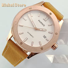 PARNIS-Reloj de lujo para hombre, pulsera de cuero con caja de oro rosa, cristal de zafiro, esfera blanca, luminosa, movimiento automático, NH35A, 43mm 2024 - compra barato