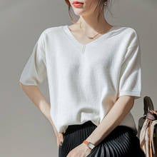 2021 Brand New Designer V-Neck Loose Soft Women's 100% Pure Wool Sweater Short Sleeve Pullovers Female Fashion Knitted Jumpers 2024 - buy cheap