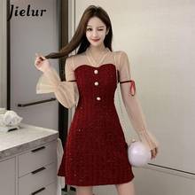 Jielur-vestido de malha com costura, feminino, preto, vermelho, coreano, midi, gola v, moda chique, vestido de festa 2024 - compre barato