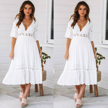 Summer Sexy Deep V Neck Women's Dress Casual Solid Lace Patchwork Midi Ladies Fashion Party Dresses Vestidos 2024 - buy cheap