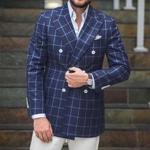 Blazer xadrez clássico masculino, jaqueta azul trabalho, casamento com lapela, peça única 2021 2024 - compre barato