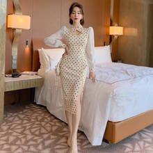 new arrival fashion women korean style split dress elegant temperament sexy hollow out chinese style dot slim pencil dress 2024 - buy cheap