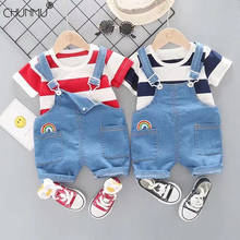 Комплекты одежды для маленьких мальчиков Модная одежда для новорожденных мальчиков топы в полоску + джинсовые комбинезоны комплекты из 2 предметов летняя одежда для малышей 2024 - купить недорого