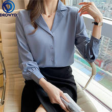 Шифоновая Блузка с длинным рукавом, рубашка, женские топы, блузка для женщин, модные женские блузки 2021, новые офисные блузки с V-образным вырезом 2024 - купить недорого