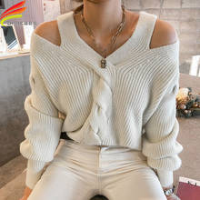 Женский утепленный свитер с открытыми плечами, элегантные вязаные пуловеры в минималистичном корейском стиле, осень-зима 2020 2024 - купить недорого