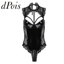 Women One-piece Sexy Patent Leather Lingerie Lace Splice Lace-up Halter Neck Bodysuit Jumpsuit Female Clubwear Nightwear 2024 - buy cheap