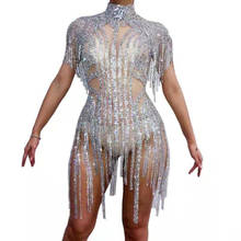 Women Sparkly Silver Tassel Bodysuit  Birthday Celebrate Costume Female Singer Bling Tassel Bodysuit Performance Dance Wear 2024 - buy cheap