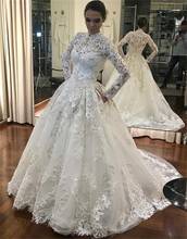 2021 novo vestido de baile apliques rendas vestido de casamento manga longa alta pescoço bordado coberto botões robe de mariee vestido novia 2024 - compre barato