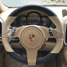 For Porsche Cayenne / Panamera 2010-2011 Brown & Black Hole Leather Light Grey Thread Steering Wheel Hand Sewing Wrap Cover 2024 - buy cheap