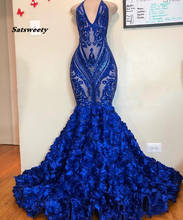 Sparkly Sequins Royal Blue Mermaid Prom Dresses See Through Deep V Neck Halter Plus Size Formal Evening Party Gowns African 2024 - buy cheap