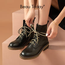 BeauToday Women Ankle Boots Genuine Calfskin Leather Lace-Up Round Toe Zipper Female Motorcycle Boots Black Shoes Handmade 03460 2024 - buy cheap