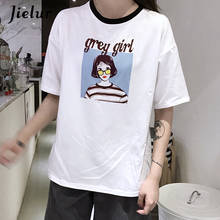 Jielur-camiseta feminina, manga curta, camiseta de harajuku, kawaii, solta, cinza, estampada, branca, para mulheres, 2021 2024 - compre barato