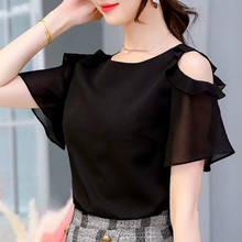 Blusas mujer de moda 2021 black top korean Solid Ruffles Short Chiffon O-Neck Flare Sleeve  women white blouse 0503 2024 - buy cheap
