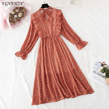 Bow-neck Floral Female Dress Full Sleeve Elastic Waist Chiffon Pleated Women Dress 2020 Spring summer dresses Vestidos femme 2024 - buy cheap