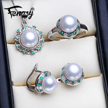 Fenasy conjunto de joias 925 prata esterlina verde cristal natural pérola parafuso brincos colares pingente anéis ajustáveis para mulheres 2024 - compre barato