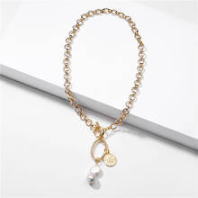Золотое покрытие толстая цепочка ожерелье барокко пресноводный жемчуг монета ожерелье для женщин 2024 - купить недорого