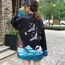 Yukata casaco kimono japonês feminino, roupa japonesa com estampa guindaste ásia, camisa casual kimonos femme kawaii kimono cosplay blusas 2024 - compre barato