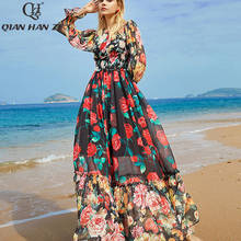 Vestido longo feminino da moda designer qian zi, vestido longo de chiffon e estampa floral vintage de manga comprida para praia 2024 - compre barato