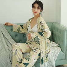 Dormxion conjunto de pijama feminino de algodão, pijama feminino com 3 peças, manga comprida, respirável, sexy, roupa de dormir, pijama feminino sexy + robe + calças 2024 - compre barato