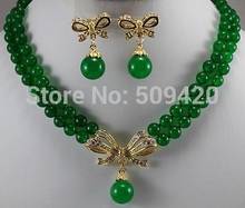 Wholesale 2Strands new Yellow Gold fine jewelry Green jade new Round Necklace Earring 2024 - buy cheap