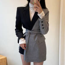 2022 spring autumn Vintage lapel plaid stitching blazer women irregular slim waist belted suit jacket 2024 - buy cheap