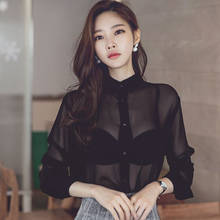 Camisa feminina transparente manga comprida, camisa sensual cor sólida preta de chiffon e verão 2021 2024 - compre barato