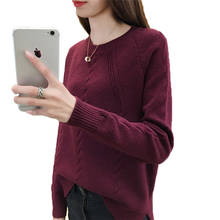 Suéter feminino de malha gola redonda, pulôver de cor sólida plus size, blusa feminina para primavera e outono 2020 2024 - compre barato
