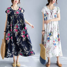 2021 New Short Sleeve Loose Summer Dresss Soft Cotton Linen Floral Printing Women Casual Dress Oversized Boho Style Maxi Dress 2024 - buy cheap