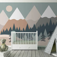 Papel de parede foto personalizada 3d, pintada à mão, árvore, montanha, desenho animado, quarto infantil, fundo de parede, mural moderno 2024 - compre barato