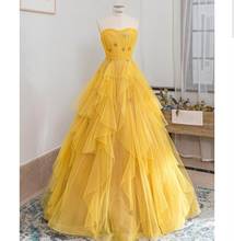 Yellow Evening Dress 2021 Special Occasion Tulle Tired Hand Made Crystal Flowers Famous Designer Sweep Train Formal Party Gowns 2024 - buy cheap