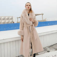 Casaco de lã de caxemira luxuoso feminino x-longo, elegante, casaco de lã de inverno com regata de pele de raposa real 2024 - compre barato