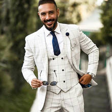 Blazer masculino xadrez branco, conjunto de 3 peças lançamento roupas para casamento jaqueta customizada + colete + calça 2024 - compre barato