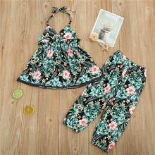 2021 New Girl’s Summer 2 Piece Set Sleeveless Flower Halter Tops Camisole and Elastic Long Pants Casual Outfits for 1-6 Years 2024 - buy cheap