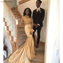Long Sleeve Gold Prom Dress Modest African Mermaid Satin Formal Party Gown Custom Made Plus Size 2024 - buy cheap