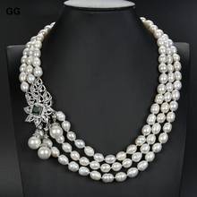 GG Jewelry 22" 13mm 3 Strands White Baroque Pearl Necklace Green Crystal CZ Connector 2024 - buy cheap