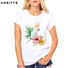 Cute White Cockatoo And Watercolor Palm leaves Print T-Shirt Fashion Women All-match White Tee Shirt Cute Bird Lovers Girl Tee 2024 - buy cheap
