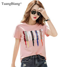 Sequined Embroidery Short Sleeve Cotton T-Shirts 2022 Women Summer Printing O-Neck Tshirts Loose Pink Purple Ladies Letter Tops 2024 - buy cheap