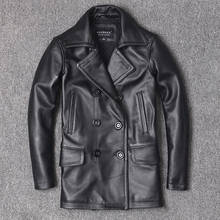 Genuine Leather Jacket Men's Head Layer Cowhide Jacket Mid Length Men's Lapel Windbreaker Korean Style Slim Coat Double Breasted 2024 - buy cheap