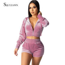 Velvet Hoodie Cropped Jacket Two Piece Biker Shorts Set Female Sexy Velour Matching Sweat Tracksuit Pants Outfit Pink Black Suit 2024 - buy cheap