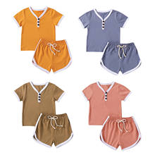 Children’s T-shirt and Shorts Set Fashion Solid Color Button Short Sleeve Tops and Bandage Short Pants 2024 - buy cheap