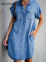 Mulheres denim mini camisa vestido de verão robe casual jean vestido duplo bolso manga curta botão até jeans vestido 2021 vestidos 2024 - compre barato