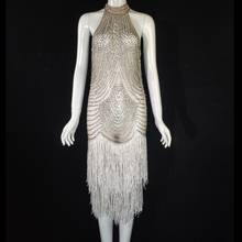 Shining Rhinestones Fringes Dress Women Birthday Celebrate Prom Party Outfit Sleeveless White Tassel Dance Costume Stage Wear 2024 - buy cheap