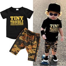 Roupas de verão de camuflagem para bebês, meninos 1-6 anos, manga curta + shorts, minúsculos com estampa de letras, roupas de verão 2024 - compre barato