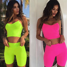 2020 Summer Women Neon Color Two Pieces Set Off Shoulder Hollow Out Crop Top Elastic High Waist Shorts Outfit Tracksuit 2024 - compre barato