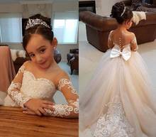 Vestidos adorables de manga larga para niña, vestidos de flores para bodas, vestido de baile de encaje con cuello transparente, vestidos de Desfile De Primera Comunión para niña pequeña 2019 2024 - compra barato