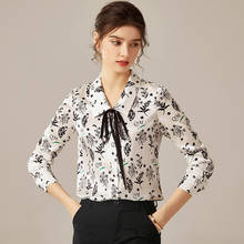 Офисная Женская рабочая рубашка, блузки из натурального шелка, весна-осень, отложной воротник, бант, длинный рукав, принт, 100% натуральный шелк, женская блузка 2024 - купить недорого