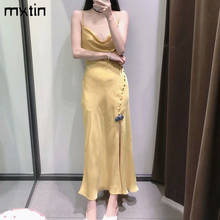 MXTIN 2021 Women Summer Vintage Solid Split Midi Dress Fashion V-Neck Sleeveless Backless Tin Straps Female Party Dresses Mujer 2024 - buy cheap