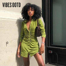 Vibesootd turn-down colarinho camisa feminina vestidos clube festa manga longa botão verde mini vestido de férias 2021 primavera streetwear 2024 - compre barato