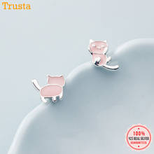 Trusta Genuine Fashion 925 Sterling Silver Sweet Asymmetrical Pink Kitten Kat Stud Earring For Women Wedding JewelryGift DA552 2024 - buy cheap