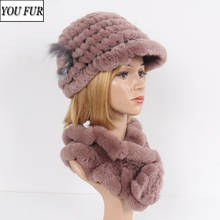 Rex Rabbit Fur Hat Scarf Sets Women Winter Warm Real Rex Rabbit Fur Cap Scarves 2 Pieces Natural Knitted Real Fur Hats Muffler 2024 - buy cheap